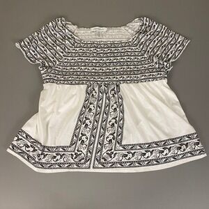 Chelsea Studio Top Women's Plus Size 3X Smocked Floral‎ Border Print White Black